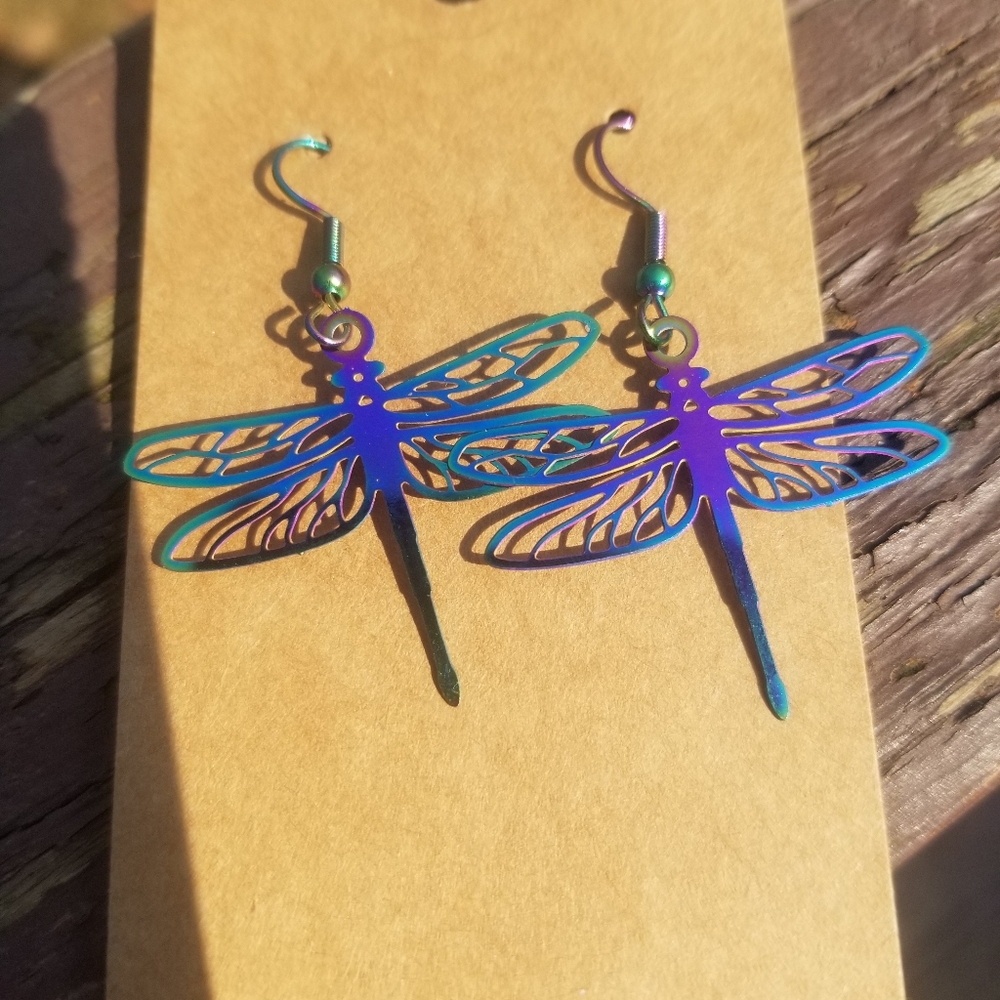 Rainbow Color Changing Stainless steel Dragonfly Earrings Light as a feather